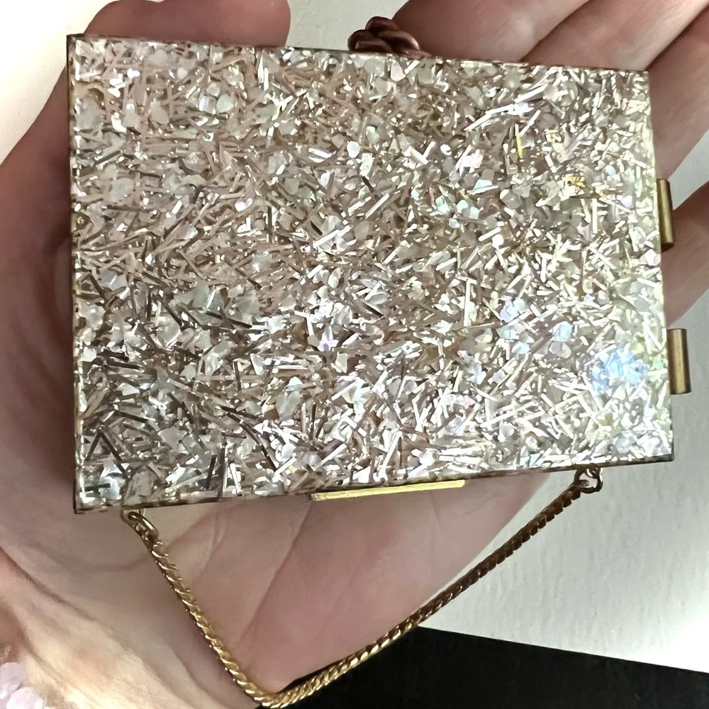 Retro Vintage Gold Tone Metal Glitter Compact Makeup Bag Purse Case Travel
